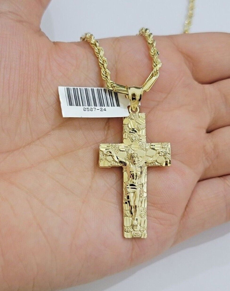10kt Gold Milano Rope Chain Nugget Cross Charm Pendant Set 18 - 24'' Inch Necklace - GoldenlinQ